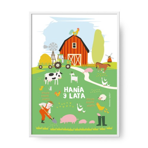 grafika-plakat-do-pokoju-prezent-na-urodziny-roczek-zwierzatka-na-wsi-farma-traktor-stodola-Wiewiorka-i-Spolka-farm-village-animals-tractor-personalized-birthday-poster-Squirrel-Company