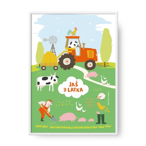 grafika-plakat-do-pokoju-prezent-na-urodziny-roczek-zwierzatka-na-wsi-farma-traktor-stodola-Wiewiorka-i-Spolka-farm-village-animals-tractor-personalized-birthday-poster-Squirrel-Company