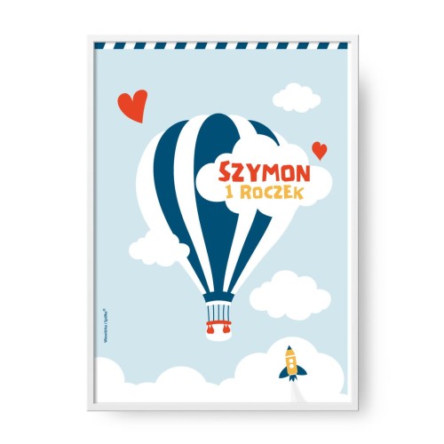 grafika-plakat-do-pokoju-prezent-na-urodziny-roczek-chrzest-chrzciny-balon-chmury-chmurki-Wiewiorka-i-Spolka-hot-air-balloon-personalised-birthday-baptism-poster-Squirrel-Company