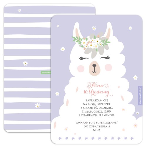 zaproszenia-na-urodziny-dziewczynki-fioletowe-lama-Wiewiorka-i-Spolka-llama-personalized-birthday-invitations-Squirrel-Company