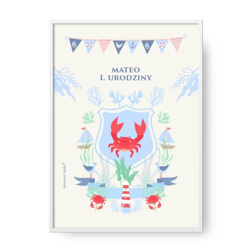 grafika-plakat-do-pokoju-prezent-na-urodziny-roczek-chrzest-chrzciny-marynistyczne-z-krabem-krabikiem-krab-Wiewiorka-i-Spolka-marine-crab-personalized-birthday-baptism-poster-Squirrel-Company