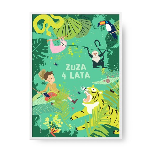 grafika-plakat-do-pokoju-prezent-na-urodziny-dzungla-tygrys-malpa-tukan-leniwiec-waz-Wiewiorka-i-Spolka-jungle-tiger-monkey-toucan-sloth-snake-personalised-birthday-poster-Squirrel-Company