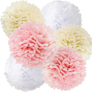 Pompony bibułowe zestaw: beżowe, białe, różowe, 25 cm / 6 szt.