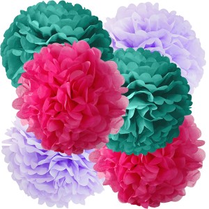 Pompony bibułowe zestaw: fuksjowe, fioletowe, turkusowe, 25 cm / 6 szt.