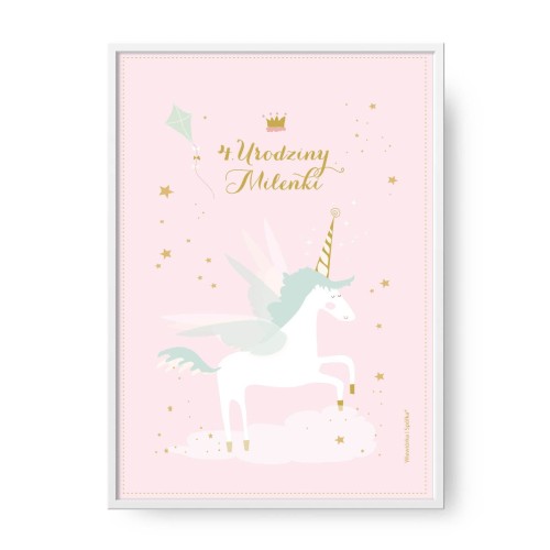 grafika-plakat-do-pokoju-prezent-na-urodziny-roczek-chrzest-chrzciny-dziewczynki-rozowy-z-jednorozcem-Wiewiorka-i-Spolka-pink-unicorn-personalised-birthday-baptism-poster-Squirrel-Company