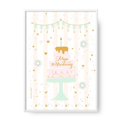 grafika-plakat-do-pokoju-prezent-na-urodziny-roczek-chrzest-chrzciny-dziewczynki-rozowy-z-tortem-torcikiem-confetti-party-Wiewiorka-i-Spolka-personalized-birthday-cake-baptism-poster-Squirrel-Company