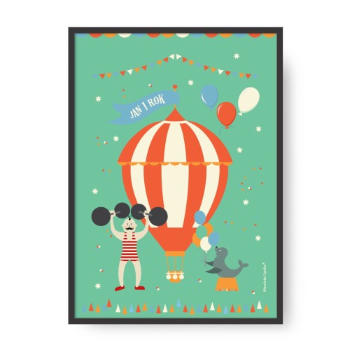 grafika-plakat-do-pokoju-prezent-na-urodziny-roczek-cyrk-atleta-foka-Wiewiorka-i-Spolka-circus-athleta-seal-hot-air-balloon-personalized-birthday-poster-Squirrel-Company