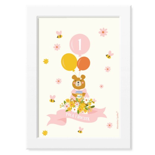 obrazek-plakat-do-pokoju-prezent-na-urodziny-roczek-dziewczynki-rozowy-mis-Wiewiorka-i-Spolka-pink-teddy-bear-personalised-birthday-poster-Squirrel-Company