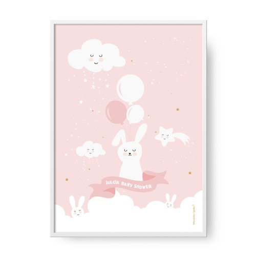 grafika-plakat-do-pokoju-prezent-na-baby-shower-dziewczynki-rozowy-kroliczek-Wiewiorka-i-Spolka-pink-bunny-personalized-baby-shower-girl-poster-Squirrel-Company